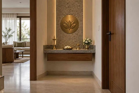 AI-generated puja room design concept: floating shelf shrine, granite precision direction