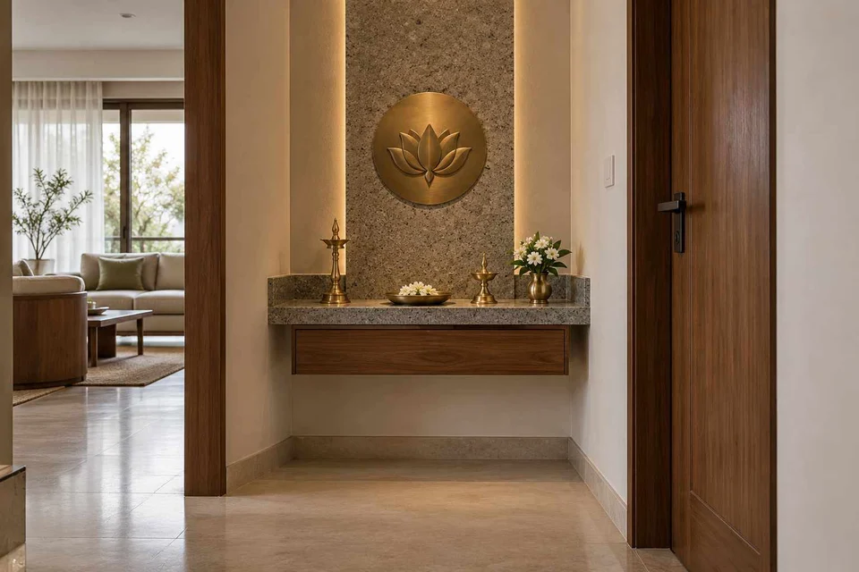 AI-generated puja room design concept: floating shelf shrine, granite precision direction