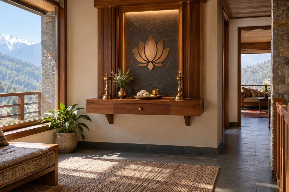 AI-generated puja room design concept: floating shelf shrine, hill timber direction