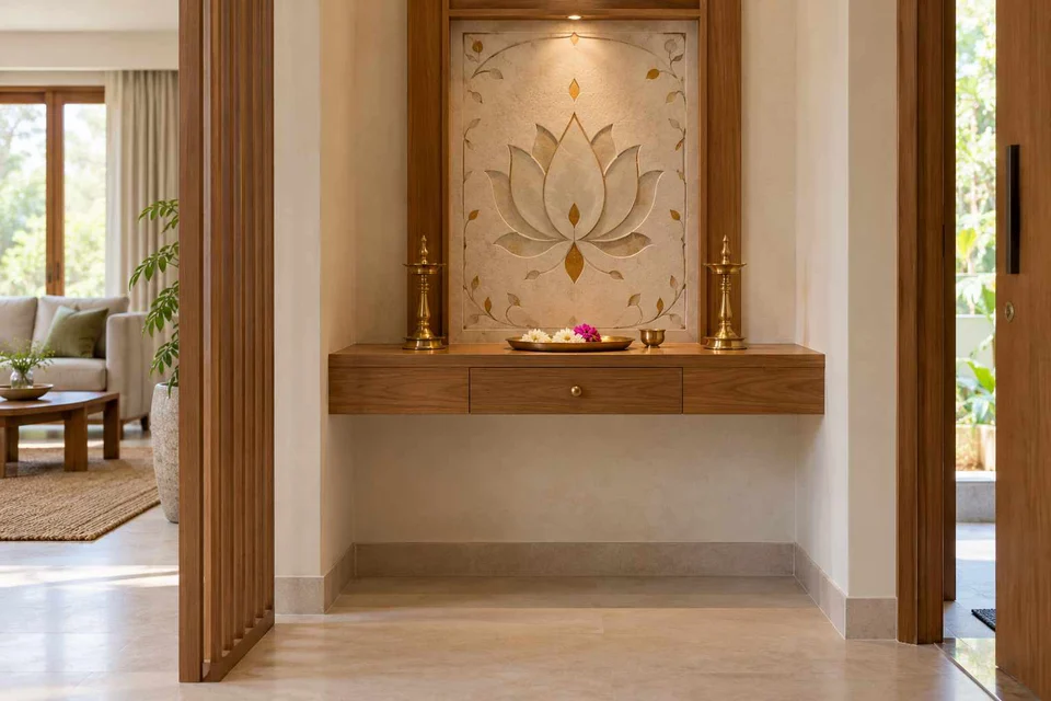 AI-generated puja room design concept: floating shelf shrine, inlay atelier direction