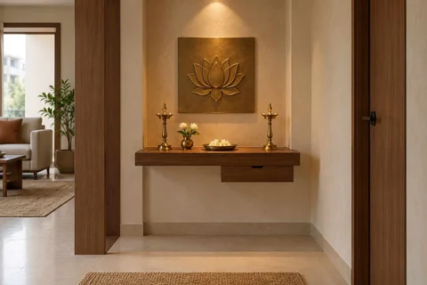 AI-generated puja room design concept: floating shelf shrine, lime and walnut direction