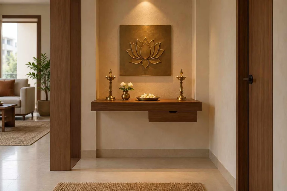 AI-generated puja room design concept: floating shelf shrine, lime and walnut direction