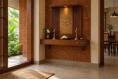 AI-generated puja room design concept: floating shelf shrine, malabar timber direction