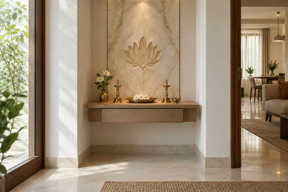 AI-generated puja room design concept: floating shelf shrine, marble restraint direction