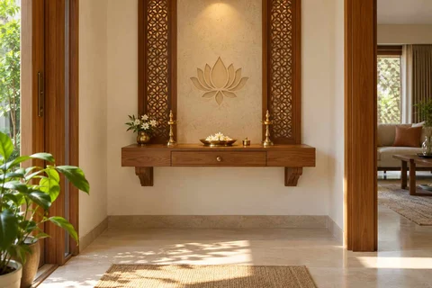 AI-generated puja room design concept: floating shelf shrine, modern carved direction