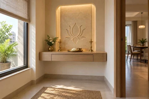 AI-generated puja room design concept: floating shelf shrine, quiet contemporary direction
