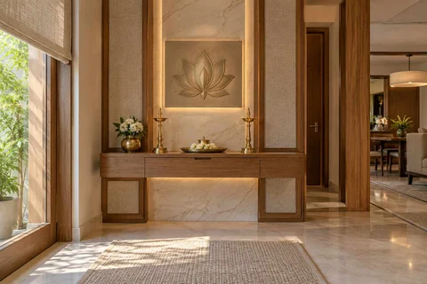 AI-generated puja room design concept: floating shelf shrine, quiet transitional direction