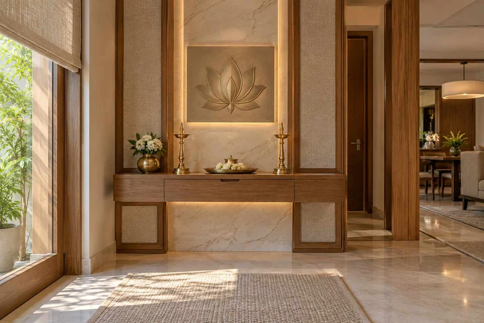 AI-generated puja room design concept: floating shelf shrine, quiet transitional direction