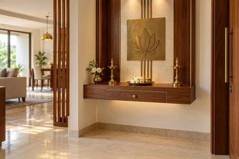 AI-generated puja room design concept: floating shelf shrine, rosewood brass direction