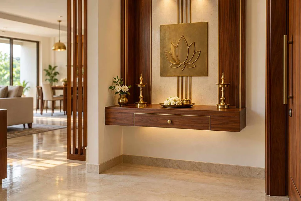AI-generated puja room design concept: floating shelf shrine, rosewood brass direction