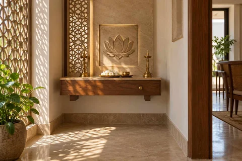 AI-generated puja room design concept: floating shelf shrine, sandstone lattice direction