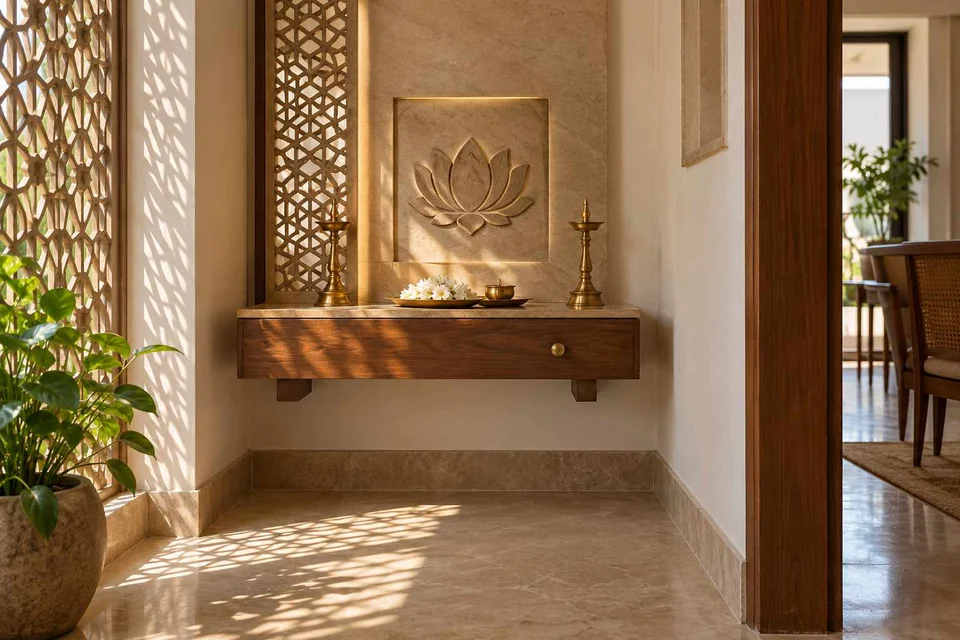 AI-generated puja room design concept: floating shelf shrine, sandstone lattice direction