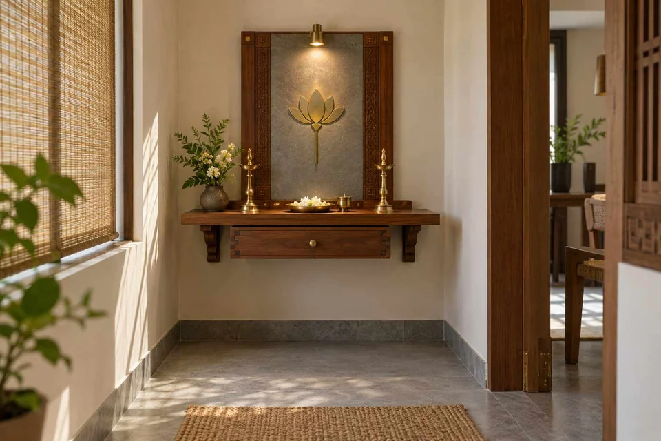 AI-generated puja room design concept: floating shelf shrine, teak craft direction