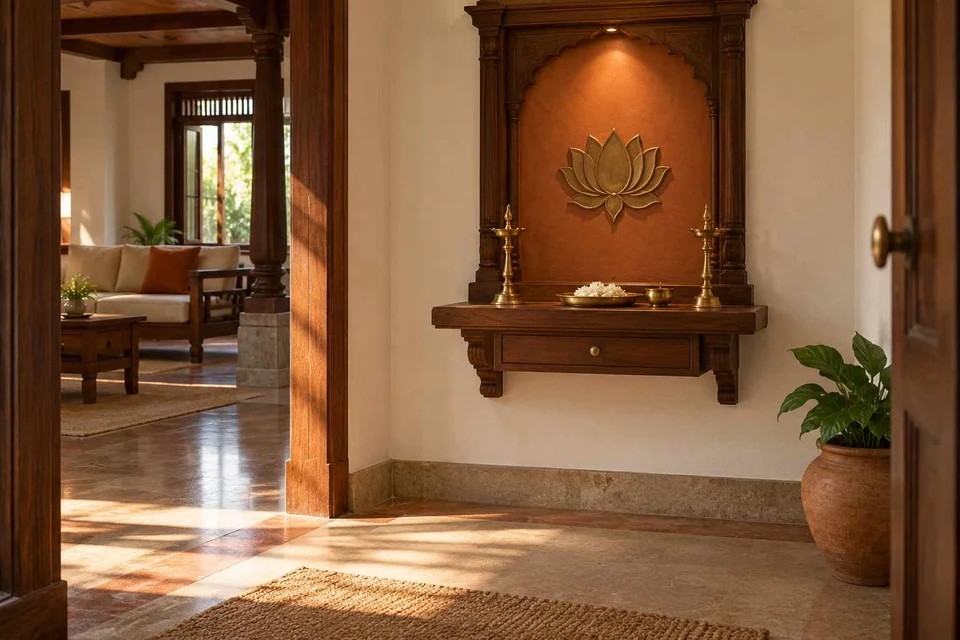 AI-generated puja room design concept: floating shelf shrine, terracotta heritage direction