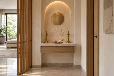 AI-generated puja room design concept: floating shelf shrine, textured mineral direction