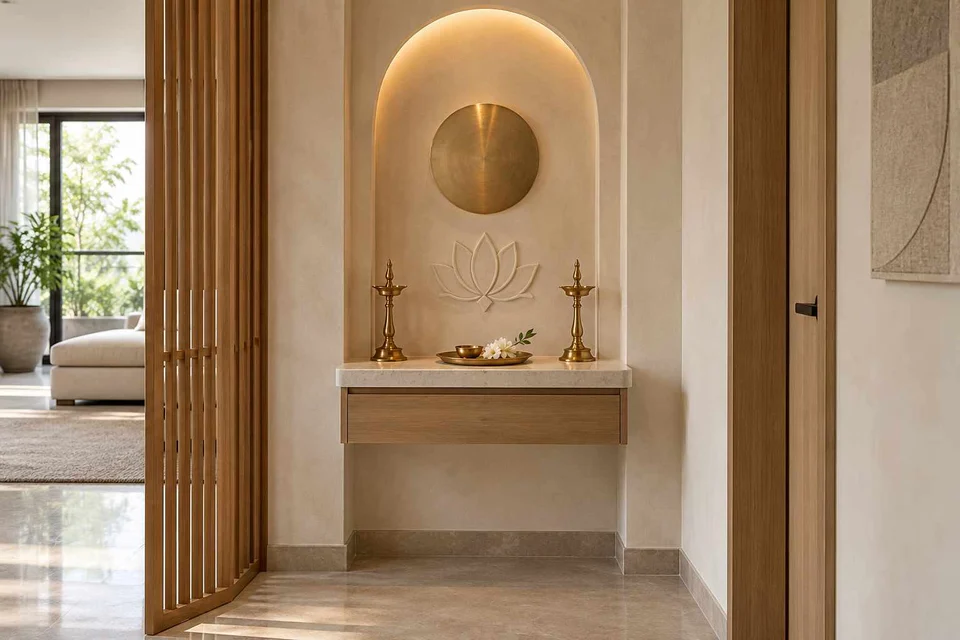 AI-generated puja room design concept: floating shelf shrine, textured mineral direction