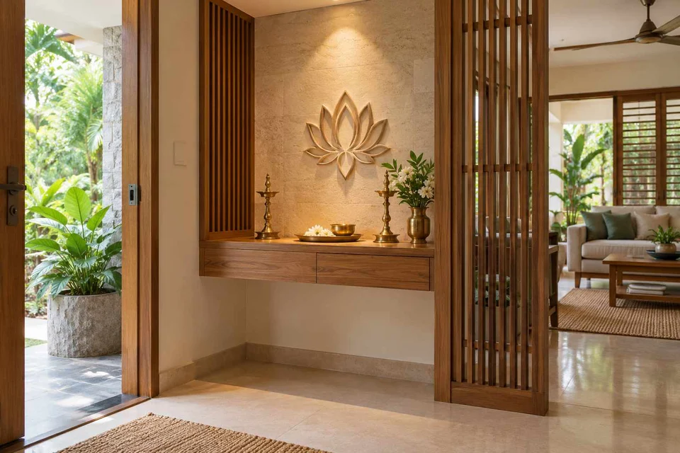 AI-generated puja room design concept: floating shelf shrine, tropical slatted direction