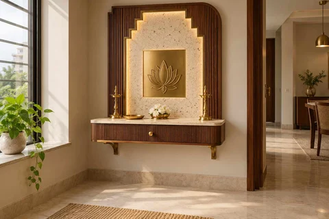 AI-generated puja room design concept: floating shelf shrine, urban deco direction