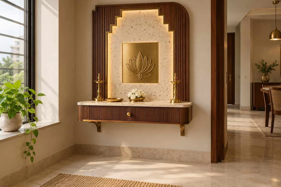 AI-generated puja room design concept: floating shelf shrine, urban deco direction