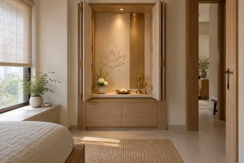 AI-generated puja room design concept: fold-away mandir cabinet, ash and linen direction
