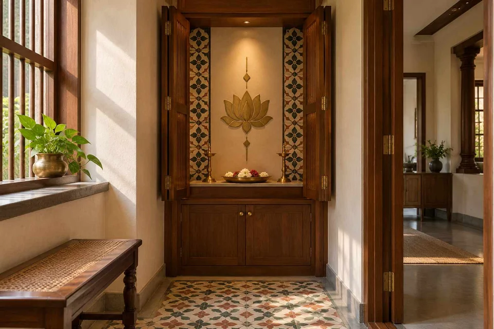 AI-generated puja room design concept: fold-away mandir cabinet, chettinad tile direction