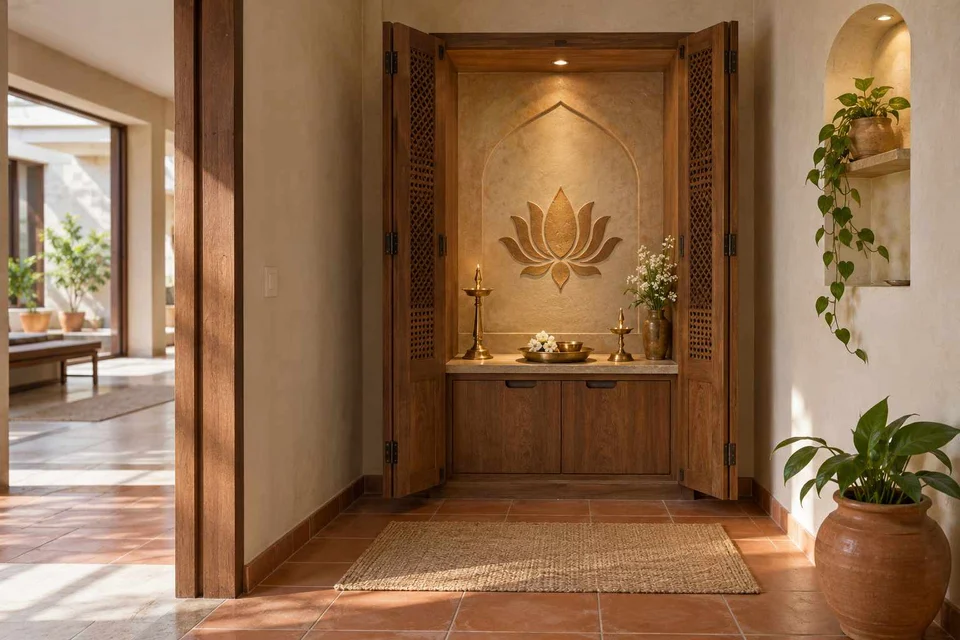 AI-generated puja room design concept: fold-away mandir cabinet, clay artisan direction