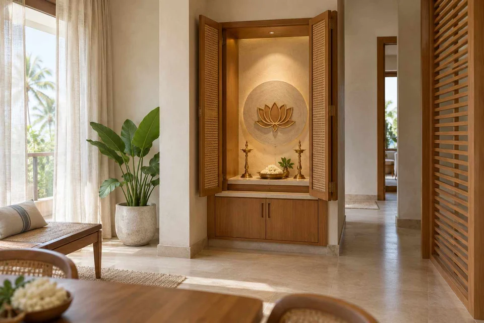 AI-generated puja room design concept: fold-away mandir cabinet, coastal woven direction