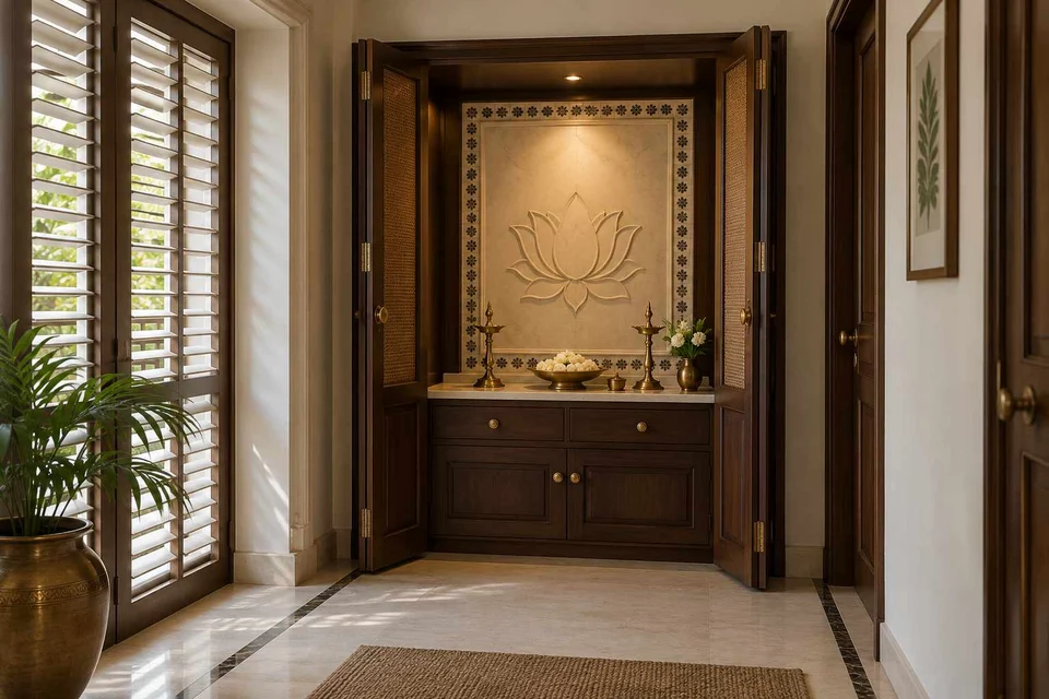 AI-generated puja room design concept: fold-away mandir cabinet, colonial quiet direction
