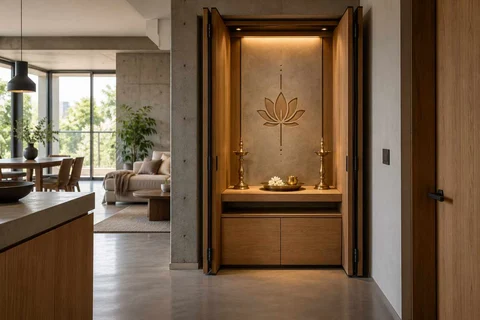 AI-generated puja room design concept: fold-away mandir cabinet, concrete and oak direction