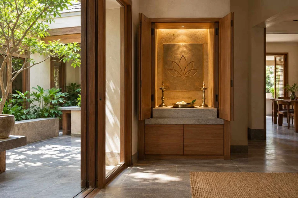 AI-generated puja room design concept: fold-away mandir cabinet, courtyard modern direction
