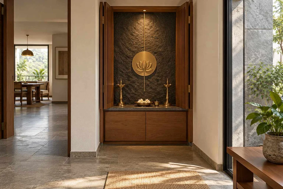 AI-generated puja room design concept: fold-away mandir cabinet, deccan stone direction