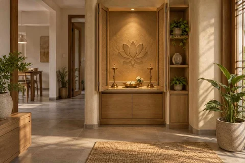 AI-generated puja room design concept: fold-away mandir cabinet, earth and bamboo direction