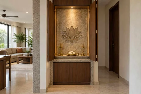 AI-generated puja room design concept: fold-away mandir cabinet, granite precision direction