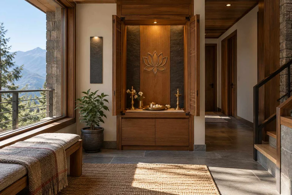 AI-generated puja room design concept: fold-away mandir cabinet, hill timber direction