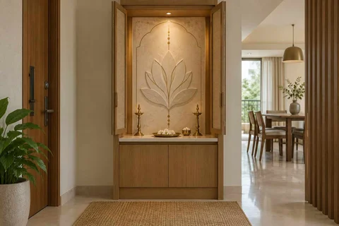 AI-generated puja room design concept: fold-away mandir cabinet, inlay atelier direction