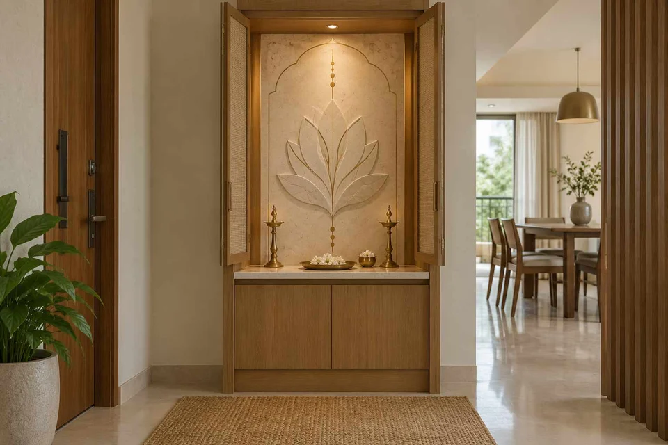 AI-generated puja room design concept: fold-away mandir cabinet, inlay atelier direction
