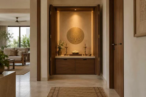 AI-generated puja room design concept: fold-away mandir cabinet, lime and walnut direction
