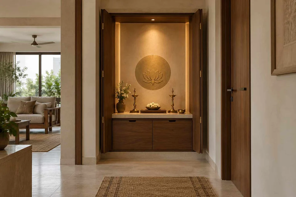AI-generated puja room design concept: fold-away mandir cabinet, lime and walnut direction