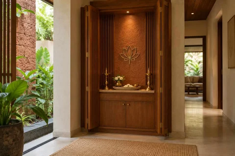 AI-generated puja room design concept: fold-away mandir cabinet, malabar timber direction