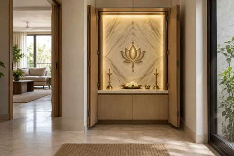AI-generated puja room design concept: fold-away mandir cabinet, marble restraint direction
