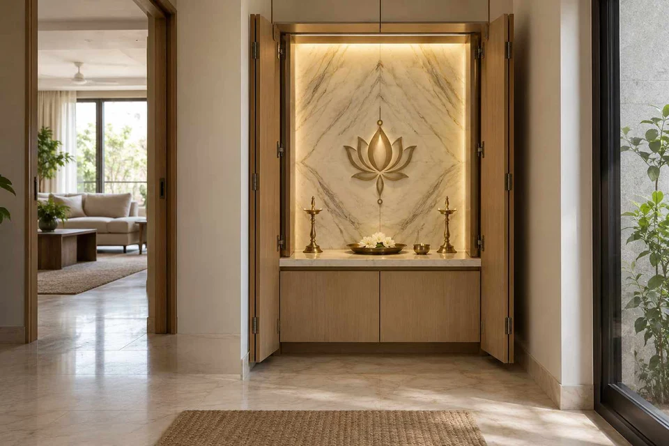 AI-generated puja room design concept: fold-away mandir cabinet, marble restraint direction