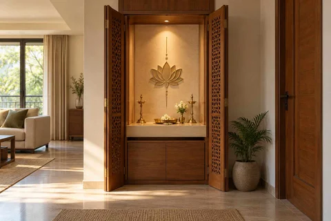 AI-generated puja room design concept: fold-away mandir cabinet, modern carved direction