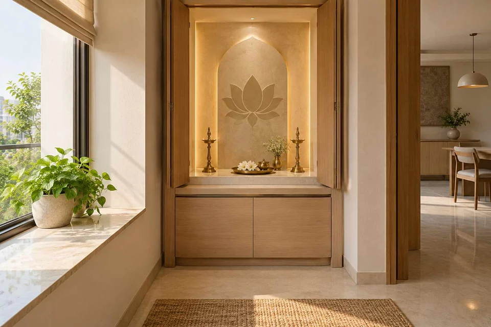 AI-generated puja room design concept: fold-away mandir cabinet, quiet contemporary direction
