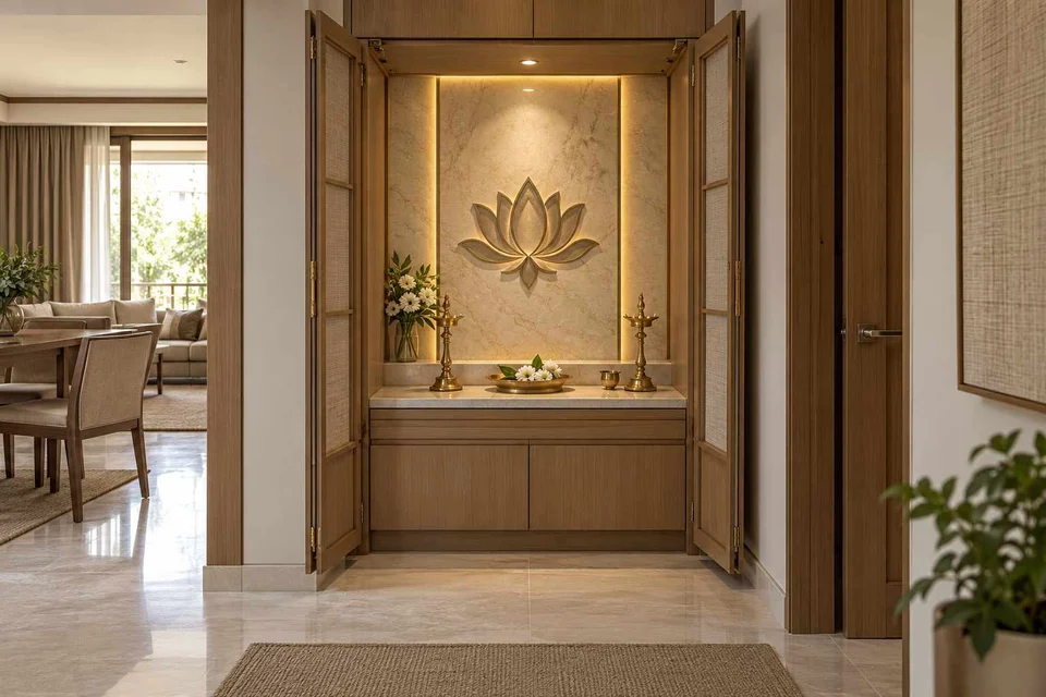 AI-generated puja room design concept: fold-away mandir cabinet, quiet transitional direction