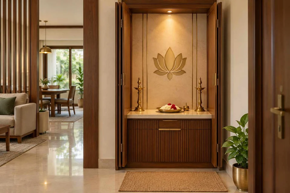 AI-generated puja room design concept: fold-away mandir cabinet, rosewood brass direction