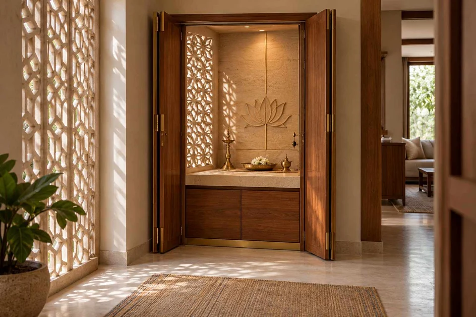 AI-generated puja room design concept: fold-away mandir cabinet, sandstone lattice direction