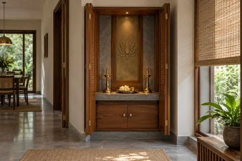 AI-generated puja room design concept: fold-away mandir cabinet, teak craft direction