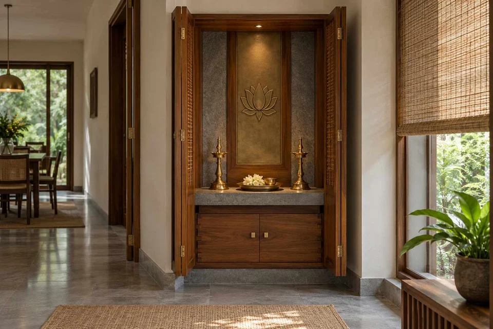 AI-generated puja room design concept: fold-away mandir cabinet, teak craft direction