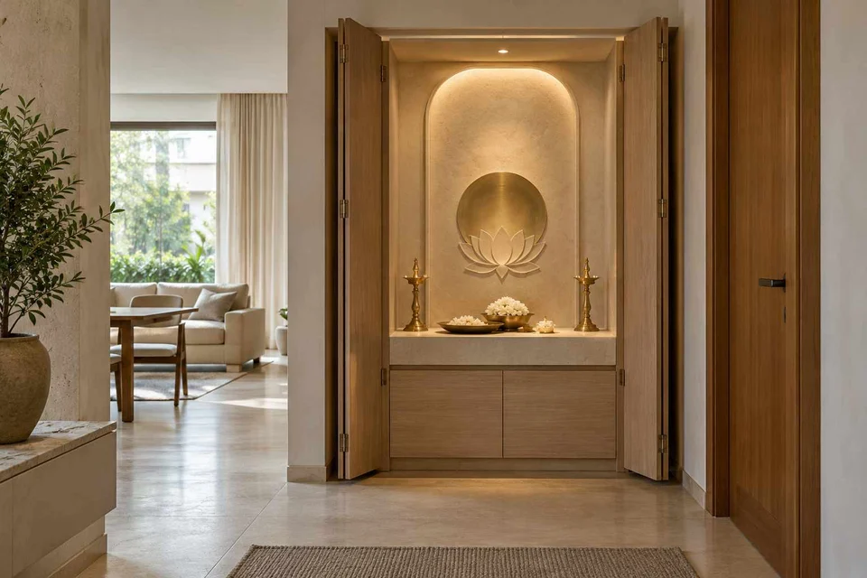 AI-generated puja room design concept: fold-away mandir cabinet, textured mineral direction
