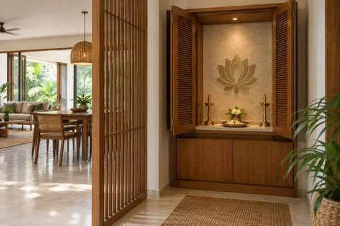 AI-generated puja room design concept: fold-away mandir cabinet, tropical slatted direction